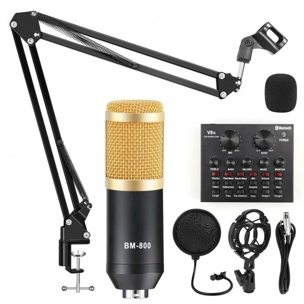 Microphone Andoer Kit de Microphone à condensateur d'enregistrement de  studio professionnelle Micro tête plate avec carte son externe-Noir + Or